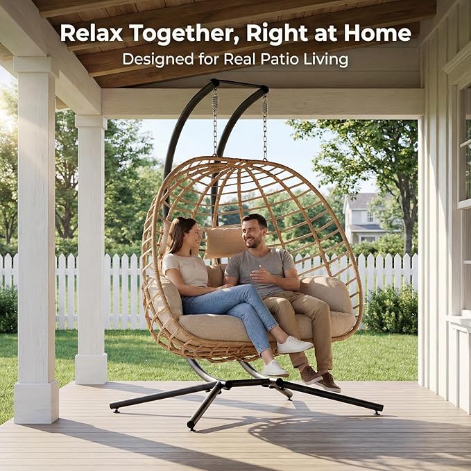 SWITTE Double Hanging Egg Chair with Stand, Outdoor Patio 2 Person Wicker Hammock Swing Chairs with Cushion Loveseat for Indoor Bedroom, Lawn, Garden-Beige SWITTE