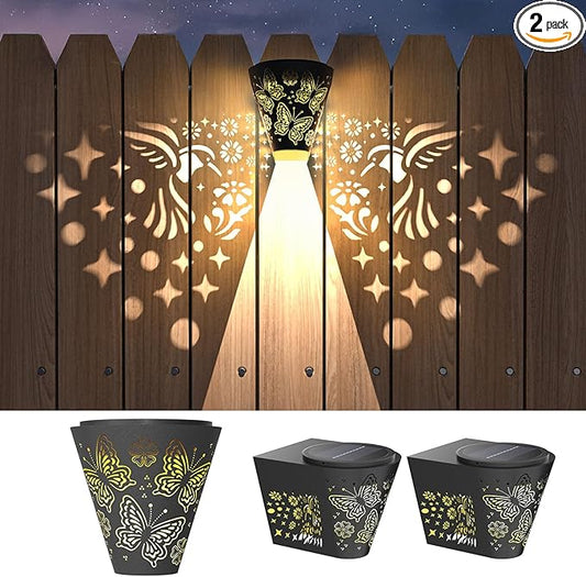 2 Pack Solar Fence Lights Outdoor Wall lihgts Decorations Metal Solar Deck Lights Waterproof LED Solar Powered Step Light Warm White Decorative Lighting for Garden, Front Door (Hummingbird) Gardsee