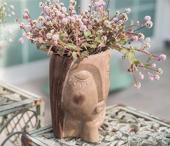 Head Planters for Indoor Plants, Face Flower Pot Head Planter Succulent Planters Unique Face Planter with Drainage Hole - Rustic Thinking Girl Closed Eyes Saysmile