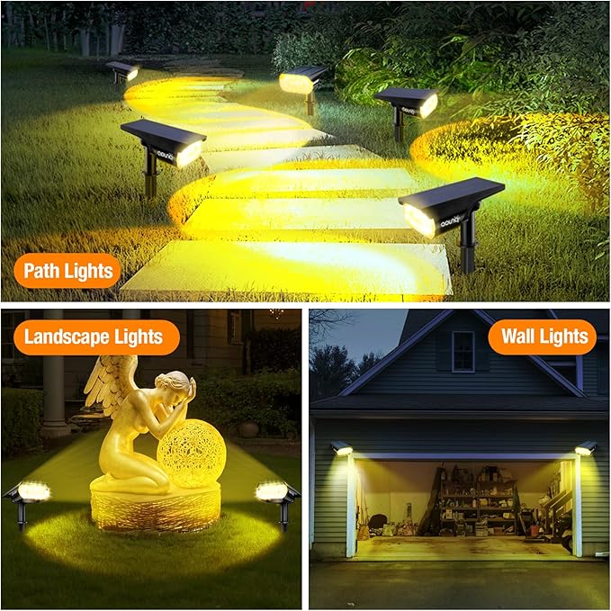 2 Pack Solar Spot Lights Outdoor 1000 Lumens, 64 LEDs IP67 Waterproof Landscape Lighting with 4 Modes - 2-in-1 Solar Spotlight & Pathway Light for Garden, Yard, Patio Decor, Warm White AOUNQ