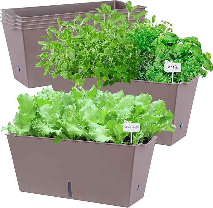 Window Box Planter 6 Pcs, 16.5 Inches Self Watering Rectangle Flower Plant Pots with Drainage Holes Trays, Vegetable Planters for Windowsill Patio Garden Balcony Porch Yard (Khaki) Oliz
