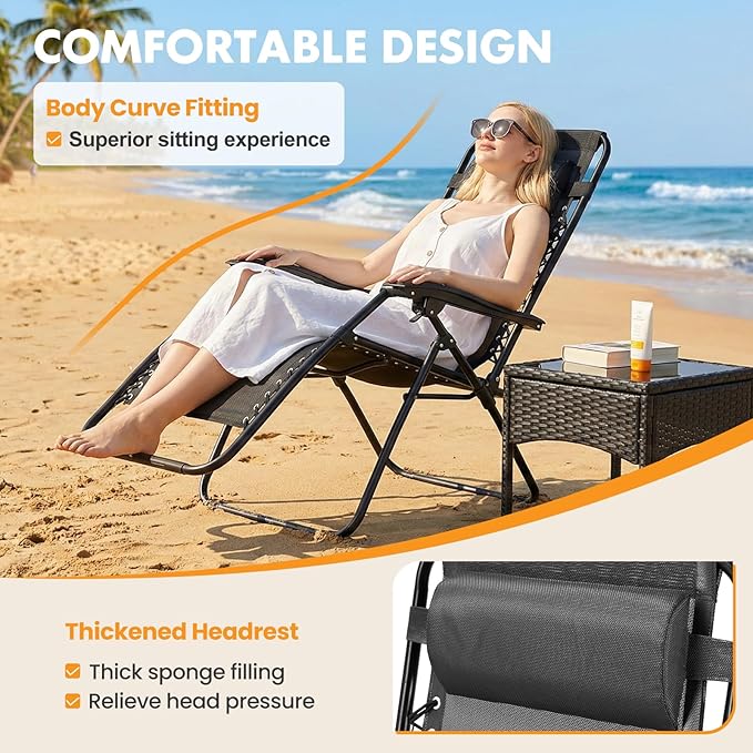 NEWBULIG Zero Gravity Chair Set of 2, Lounge Chair Folding Portable Adjustable Camping Reclining Chairs with Adjustable Pollow, Mesh Back, Cup Holder Trays Lawn Patio Chair for Pool Beach - Black NEWBULIG