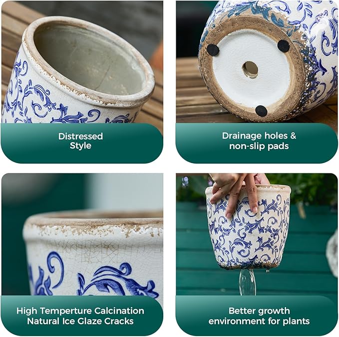 Vintage Ceramic Planter with Drainage Hole, Plastic Tray & Mesh, 6.5 Inch - Indoor/Outdoor Flower Pot, Blue Floral Rustic Farmhouse Design Plant pot for Home, Office & Garden Décor, Ideal Gift TEWEIQI