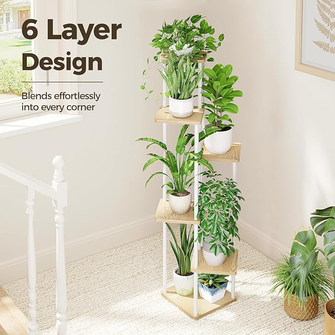 Bamworld White Plant Stand Indoor 6 Tier Metal Plant Shelf for Multiple Plants Tall Flower Stand for Patio Garden Balcony Living Room Bedroom Bamworld