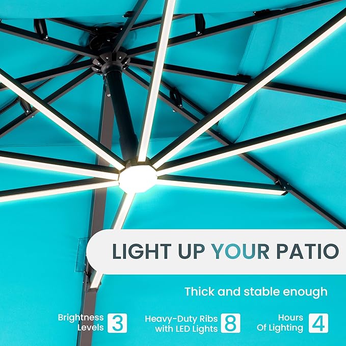 10 X 13 FT Cantilever Patio Umbrella with LED Lights Outdoor Heavy Duty Double Top Windproof Rectangle Offset Umbrellas with 360-degree Rotation for Pool Deck Backyard, Turquoise Ombrellon