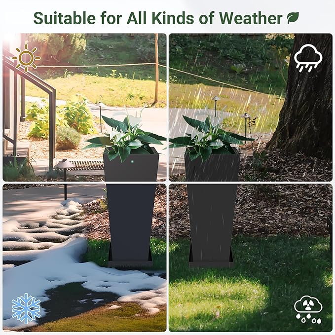 Tall Outdoor Planters Set of 2, 24 inch Tall Planters for Outdoor and Indoor, Metal Tapered Pots with Drainage Holes & Insert Shelves & Trays for Porch, Garden, Patio, Yard Toriexon