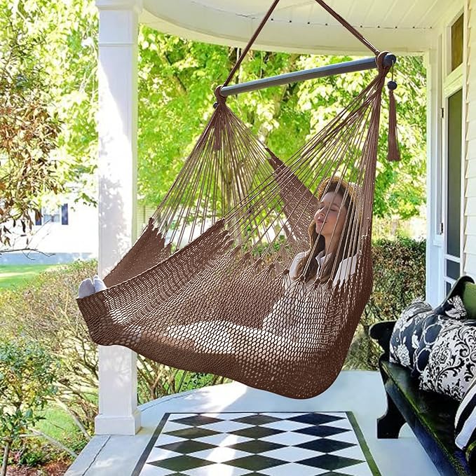 Caribbean Hammock Swing Chair with Spreader Bar, Large Hammock Chair, Hand Craft Rope Hanging Chair Outdoor, Indoor, Bedroom, 330 LBS Weight Capacity, Dark Brown Bathonly