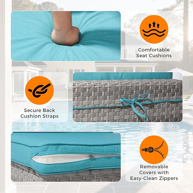8-Seat Modern Patio Furniture Set with Swivel Rocking Chairs, Thick 4″ Cushions, Dual-Strand Wicker Rattan, Rust-Resistant Steel Frame – Outdoor Conversation & Modular Sectional,Blue MASIONBACKYARDS