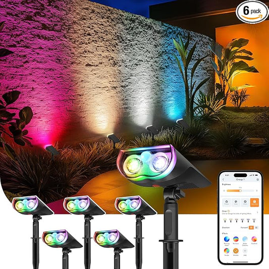 Linkind Smart Solar Lights Outdoor SL5 with Motion Sensor, APP Control Color Changing Solar Spot Lights Outdoor, St. Patrick's Day Decorations, IP65 Landscape Lighting for Yard, Garden, Path(6 Pack) Linkind