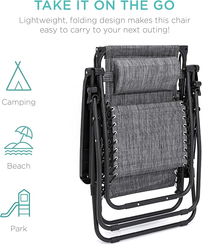 Best Choice Products Folding Zero Gravity Outdoor Recliner Patio Lounge Chair w/Adjustable Canopy Shade, Headrest, Side Accessory Tray, Textilene Mesh - Gray BestChoiceProducts