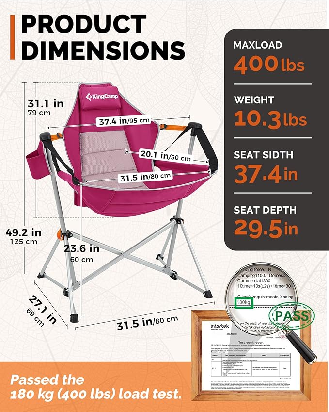 KingCamp Hammock Camping Chair, Swinging Portable Folding Camp Chairs for Adults Max 400lbs Heavy Duty Foldable Oversized Rocker with Aluminum Alloy Frame Cup Holder for Outdoor Beach Patio Sport KingCamp