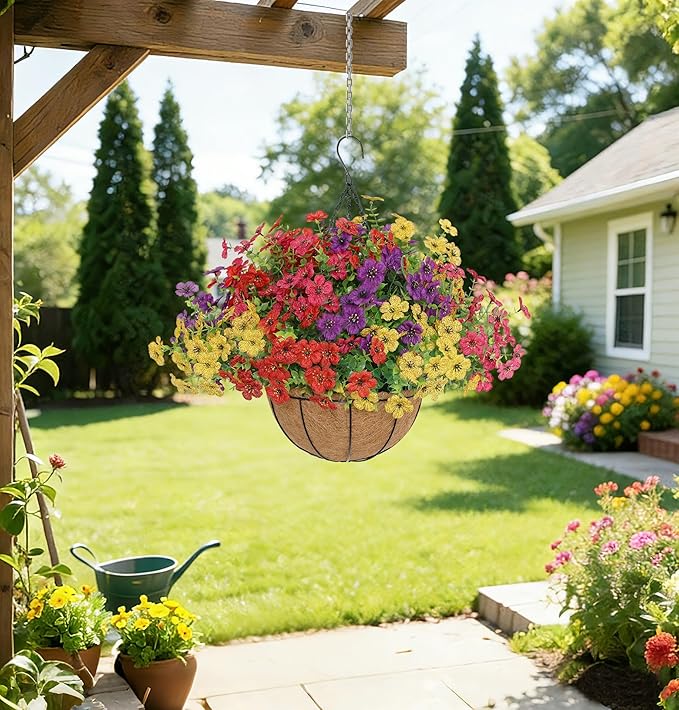 Senjie 12 Bundles Artificial Hanging Flowers with Basket for Outdoor Decor, UV Resistant Faux Flowers Fake Hanging Planter for Porch Patio Balcony Senjie