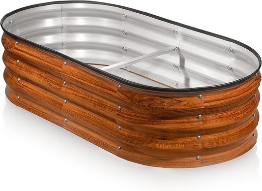 Plant & Plot Galvanized Raised Garden Beds Outdoor // 4×2×1 ft Planter Raised Beds for Gardening, Vegetables, Flowers // Large Metal Garden Box (Dark Wood Grain) PlantPlot