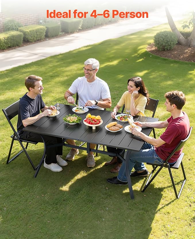 VEVOR Outdoor Patio Dining Table, 59 inch Long Rectangular Metal Steel Slat Backyard Bistro Tables for 4-6, with 1.5 in Umbrella Hole, All-Weather Large Furniture for Lawn Garden Porch, Black VEVOR