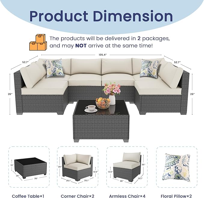 7 Piece Outdoor Patio Furniture Set, Outdoor Sectional Furniture, Rattan & Wicker Modern Modular Conversation Set Sofa Couch W/Water Resistant Washable Thick Cushions, Coffee/Beige Olimix