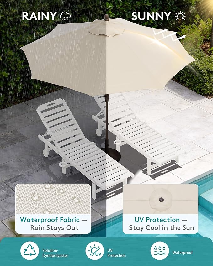 SERWALL Outdoor Chaise Lounge Set of 2 with 9FT Patio Umbrella, HDPE Pool Lounge Chair with 5-Position Adjustable Backrest, Patio Lounger with Rolling Wheels & Cup Holder for Pool, White SERWALL
