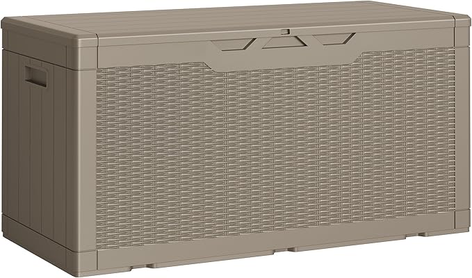 Greesum Outdoor Storage Box 100 Gallon Storage Bin with Lid for Patio Furniture, Garden Tools, Pool Supplies, Lockable, Waterproof and UV Resistant, Light Coffee BuynowfromGreesum