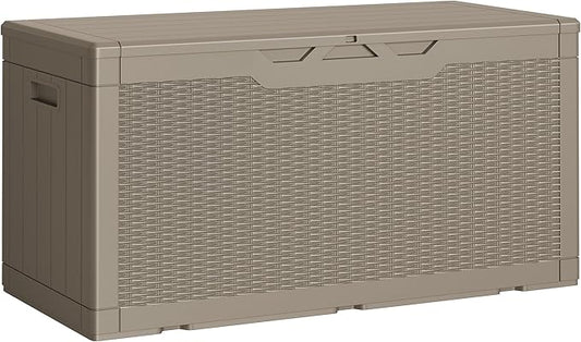 Greesum Outdoor Storage Box 100 Gallon Storage Bin with Lid for Patio Furniture, Garden Tools, Pool Supplies, Lockable, Waterproof and UV Resistant, Light Coffee BuynowfromGreesum