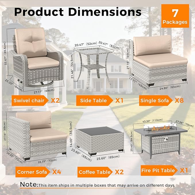 14-Seat Outdoor Wicker Patio Furniture Set with Fire Pit Table, Modular Rattan Sectional Sofa & 2 Swivel Rocking Chairs, 4" Thick Cushions, Rust-Resistant Frame,Beige MASIONBACKYARDS