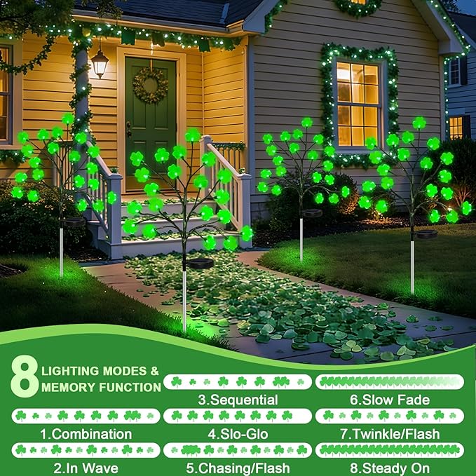 4 Pack St Patricks Day Solar Outdoor Lights, 80 LED St Patricks Day Decorations, Solar Shamrock Stakes Lights with 8 Modes, Waterproof Lucky Green Clover Pathway Light for Yard Garden Lawn Decor HELESIN
