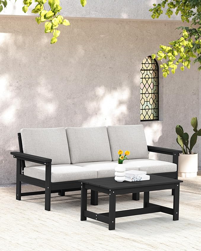 SERWALL HDPE Patio Sofa Set, 4-piece Sectional Outdoor Furniture Set, All Weather Outdoor Couch Set Patio Furniture Set for Deck, Lawn, Black Frame with Khaki Cushion SERWALL