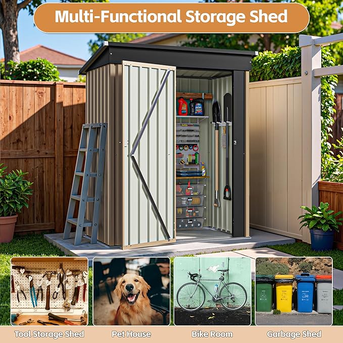 Greesum 5×3FT Outdoor Storage Shed, Metal Patio Storaged Sheds with Lockable Doors, Sheds & Outdoor Storage for Bike, Backyard, Pool and Garden, Brown BuynowfromGreesum