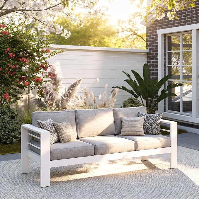 Kiss the Water Outdoor Couch Aluminum Patio Furniture Sofa, 3 Seat All-Weather Metal Patio Couch with 5" Thick and Soft Cushion and Wide Arm, Outdoor Sofa for Balcony, Porch KisstheWaterPatioTool