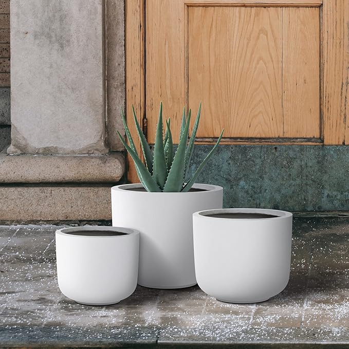 Kante 13",11",9" Dia Pure White Concrete Round Planters (Set of 3), Outdoor Indoor Modern Planter Pots, Lightweight, Weather Resistant, Seamless with Drainage Hole Kante