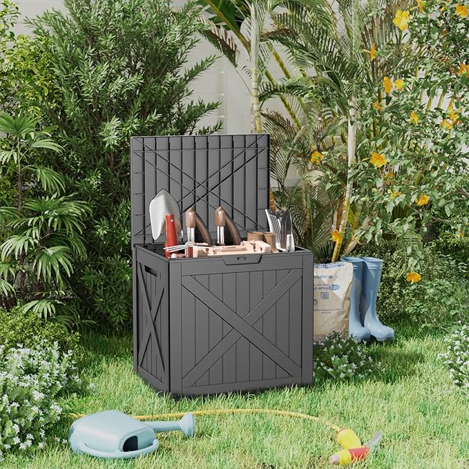 38 Gallon Outdoor Deck Box, Lockable Waterproof Outdoor Storage Boxes For Garden Tools,Indoor Cushions,Accessories Outside Storage Resin Weatherproof Container(Black) MAIUSCOLI