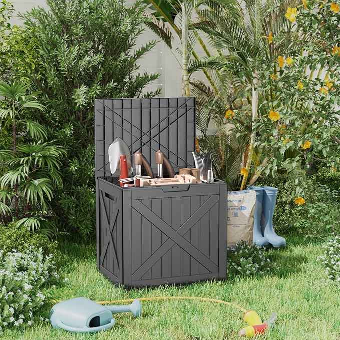 ROJIK Outdoor Storage Housing Deck Box - Waterproof Patio Furniture, Garden Tools, Cushions, Pool Accessories Storage Bench with Lockable Lid and Side Handles (Black 38 Gal)