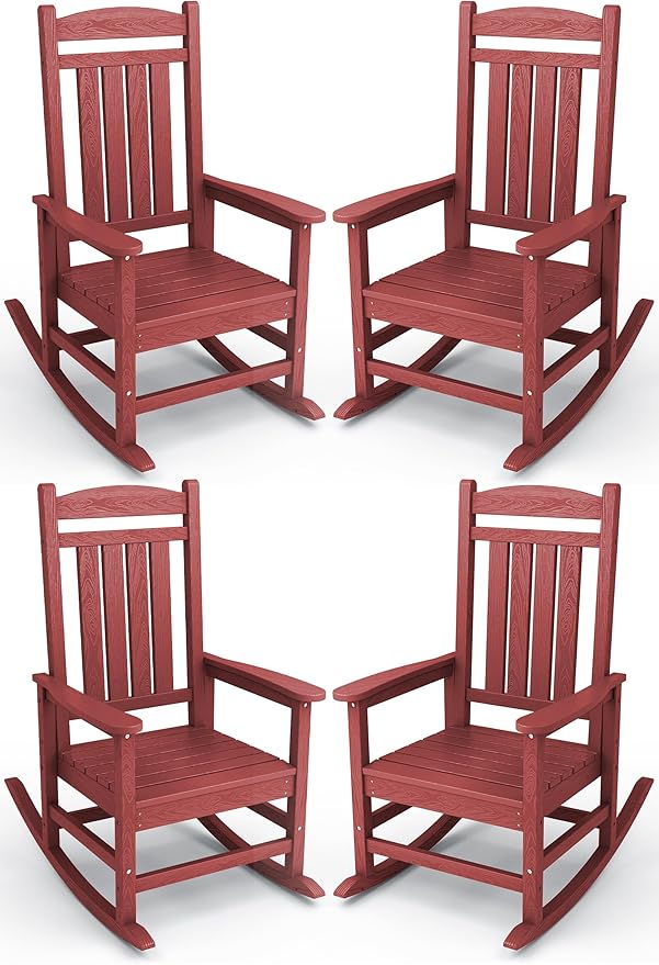 KINGYES HDPE Outdoor Rocking Chair Set of 4, All-Weather Poly Patio Rocking Chairs with 330lbs Support for Adults, Dark Red KINGYES