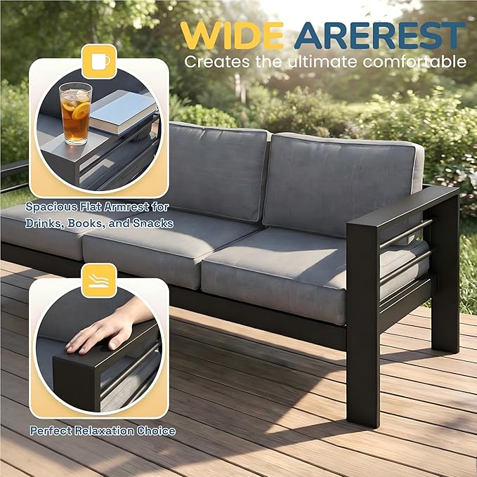 Solaste Aluminum Patio Furniture Set for All Weather, Oversized Metal Outdoor Furniture Set with 27.5" Deep Seating and 3.2" Wide Armrest, Outdoor Patio Sofa with 10" Back Suport Cushion Solaste