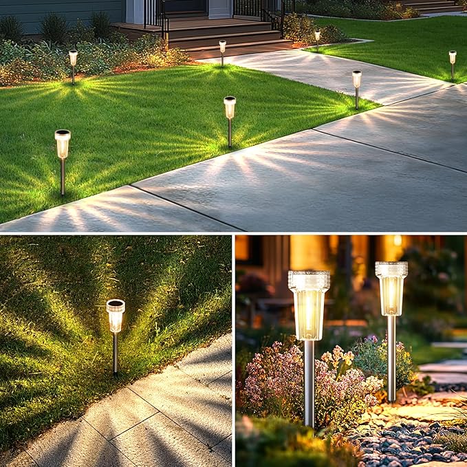 Mancra Solar Lights Outdoor Waterproof, 8 Pack Stainless Steel Tungsten Bulb Solar Pathway Lights Waterproof Garden Decor for Path Yard Lawn Walkway Driveway Mancra