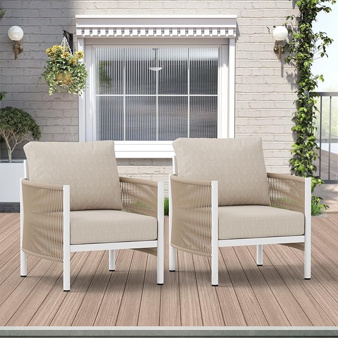 Aluminum Outdoor Sofa Armchair, HDPE Rope Patio Couch with Washable Thick Cushion, All-Weather Outdoor Patio Chairs Set of 2 for Balcony, Yard, White Frame, Ivory Oasbira