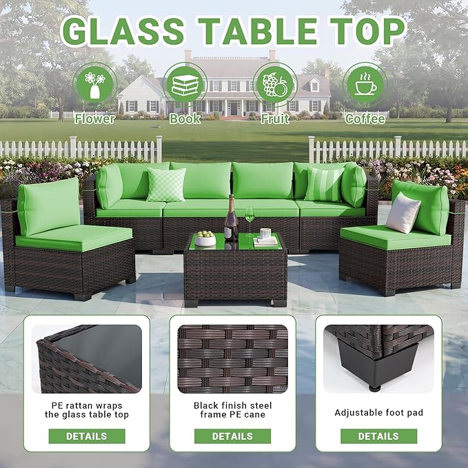 LEVELEVE 7 Pieces Outdoor Patio Furniture Sets,Rattan Conversation Sectional Set,Manual Weaving Wicker Patio Sofa with Tea Table Enjoyyourlife