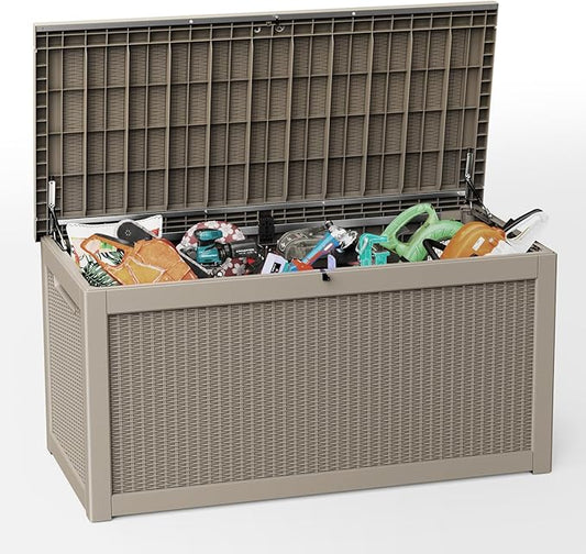 310 Gallon Lockable Outdoor Storage Box – Waterproof Resin Deck Box for Patio Furniture, Garden Tools, Pool Accessories (Gray) Rootora