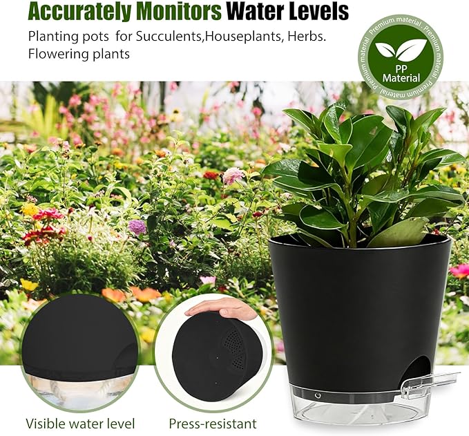 Plant Pots 4 Inch Self Watering Pots,6 Pack Plastic Planters with Drainage Holes and Clear Saucers,Plastic Flower Pots,Nursery Planting Pot for Indoor Out Door Plants (Black, 4 inch) SQKH