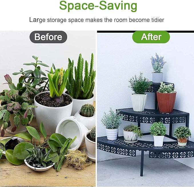 3 Tier Plant Stand Semi-Circular Flower Pot Organizer Rack Quarter Round Plant Display Holder Outdoor Storage Shelves Metal Corner Shelf Planter Shelving Ladder Plant Stand for Indoor Use(Black) Garden4you
