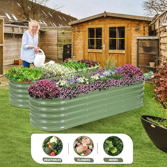 Galvanized Raised Garden Bed - 8x2x1.4FT Metal Planter Boxes Outdoor | Oval Steel Raised Bed Kit for Gardening with Protective Tape, Bracing Rods, Gloves for Vegetables, Flower, Herb (Green) Permade