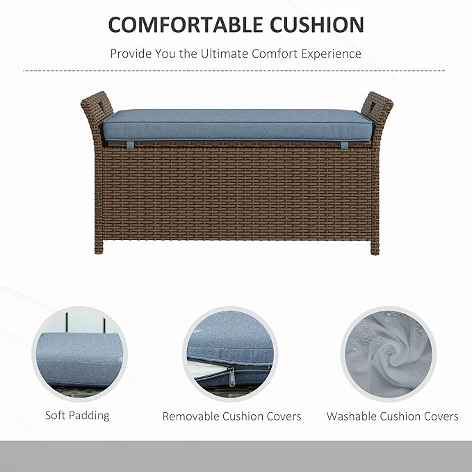Outsunny 29 Gallon Patio Wicker Storage Bench, Outdoor PE Rattan Patio Furniture, 2-in-1 Large Capacity Rectangle Garden Storage Box with Handles and Cushion, Dark Blue Outsunny