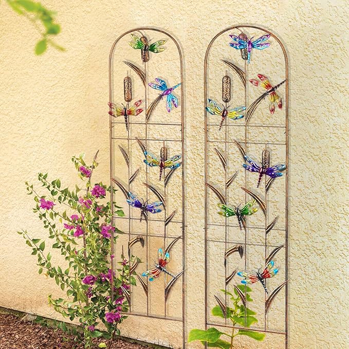 SUNNYPARK Set of 2 Dragonfly Metal Garden Trellis for Climbing Plants, Decorative Vegetables Flowers Vine Trellis for Outdoor Patio 60'' H x 11'' W SUNNYPARK