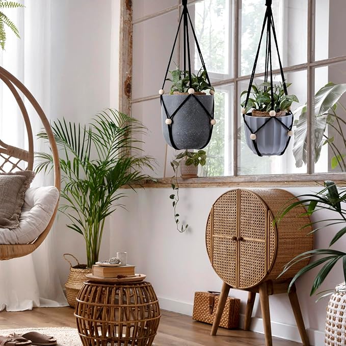 Artilady Black Hanging Planter for Indoor Plants Macrame Plant Hanger Large Hanging Plant Holder Basket with Adjustable Beads Outdoor Window Boho Plant Wall Decor (Black Bead-2pcs) Artilady