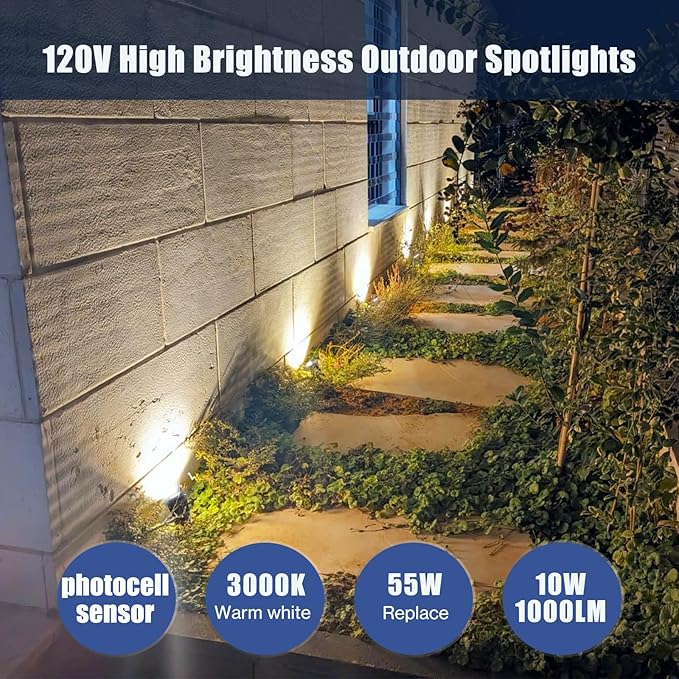 10W Dusk to Dawn Led Light 120V 3000K 1000lm Warm White Landscape Outdoor Spotlights with Photocell Sensor IP65 Waterproof Spot Lights for Yard Flag Garden Tree Fulanzaren