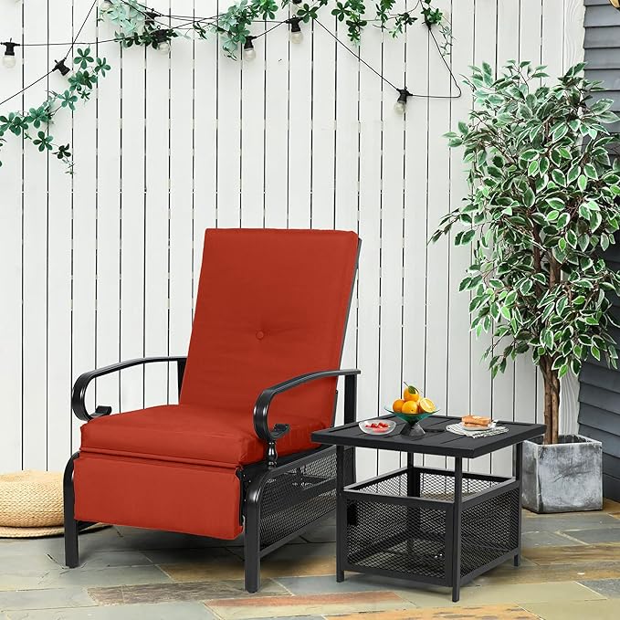 Oakcloud Adjustable Outdoor Lounge Chair Metal Patio Relaxing Recliner Chair Set with Bistro Table and Removable Cushions(Red) OckcloudPatioFurniture