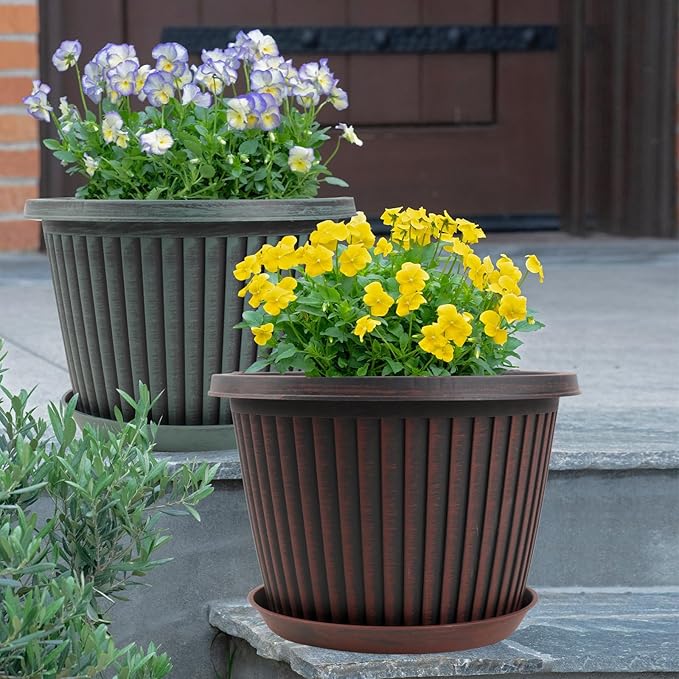 Large-Planter-Indoor-Outdoor Plant Pots, 12 inch 4 Pack Plastic Flower Pots with Saucer And Drainage Holes, Modern Garden Planters For Planting Medium Large Plants, Decorative Resin Garden Pots Myfeegoin