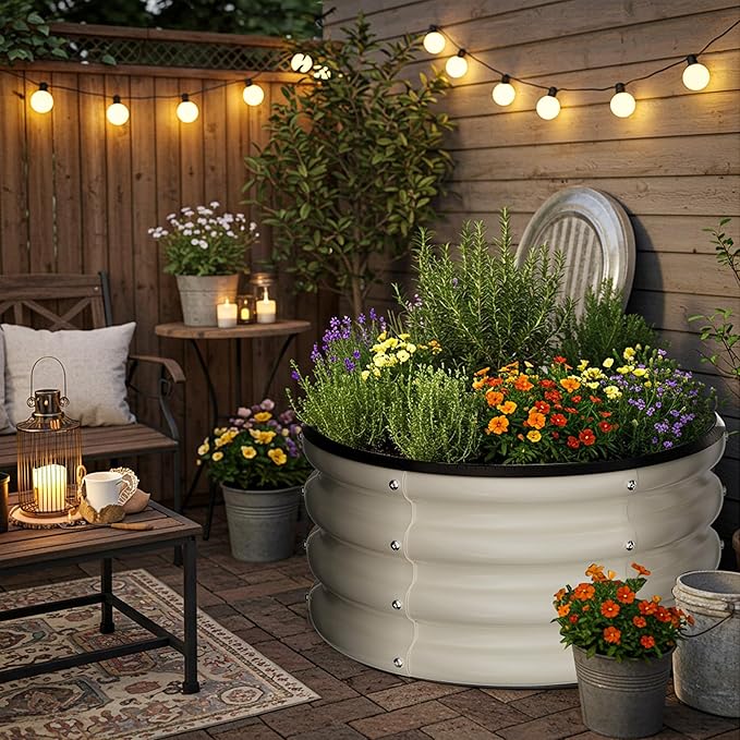 ZXZYHFTY Round Galvanized Raised Garden Bed kit,White Outdoor Garden Raised Planter Box, Round Large Metal Raised Garden Beds for Vegetable 2 * 2 * 1ft 3 Pcs ZXZYHFTY