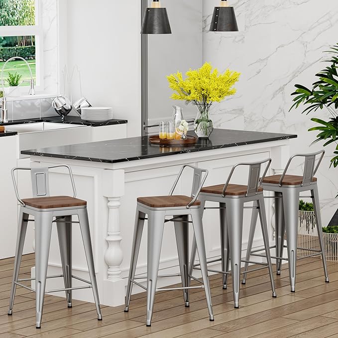 Yongchuang 24 inch Barstools Set of 4 Counter Height Bar Stools Farmhouse Kitchen Metal Bar Chairs with Wood Seat Low Back Silver YongchuangInternational