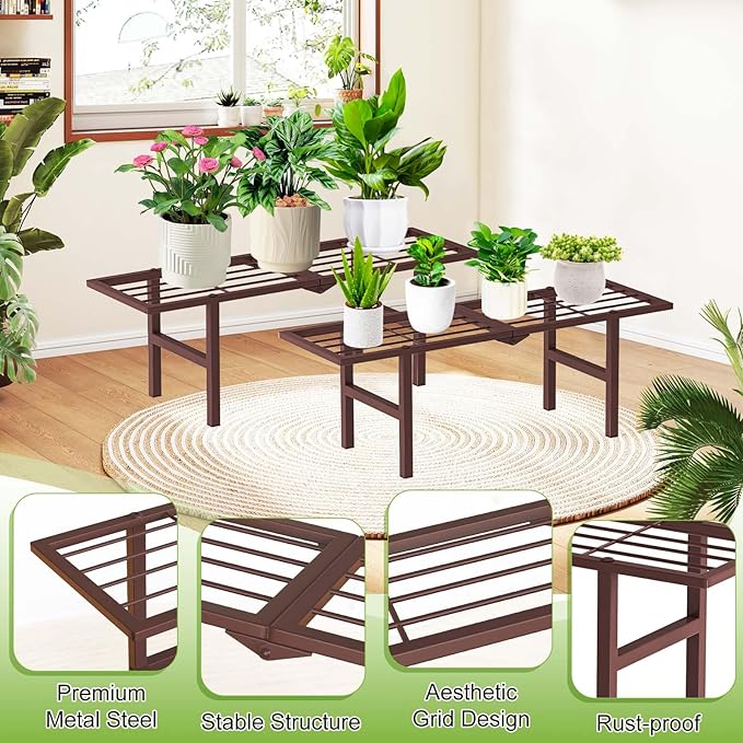 2 Pack Metal Plant Stand Outdoor Indoor, 1 Tier Folding Tiered Flower Plant Shelf, Heavy Duty Ladder Multiple Pot Display Plant Rack for Patio Garden Balcony Windowsills, Brown JSYONII