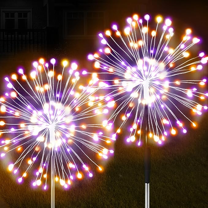 JJGoo Solar Firework Lights, 2 Pack 150 LEDs 2 Lighting Modes Solar Lights Outdoor Waterproof for Garden Patio Walkway Pathway Party Wedding Christmas Decorative - Orange and Purple JJGoo