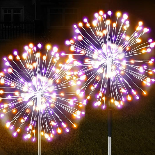 JJGoo Solar Firework Lights, 2 Pack 150 LEDs 2 Lighting Modes Solar Lights Outdoor Waterproof for Garden Patio Walkway Pathway Party Wedding Christmas Decorative - Orange and Purple JJGoo